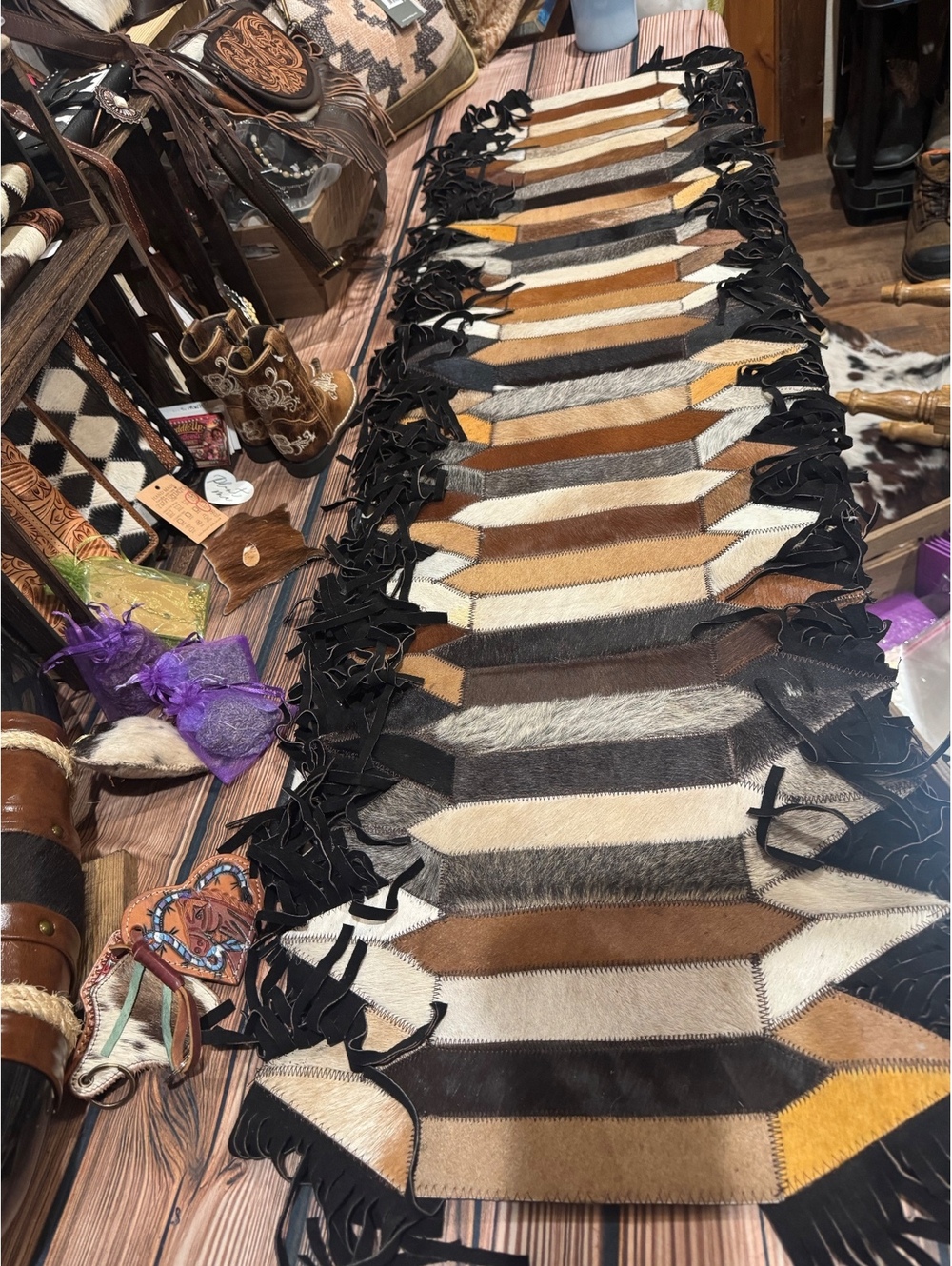 NEW Cowhide Patchwork Runner or Wall Hanging Approx. 55” × 15”